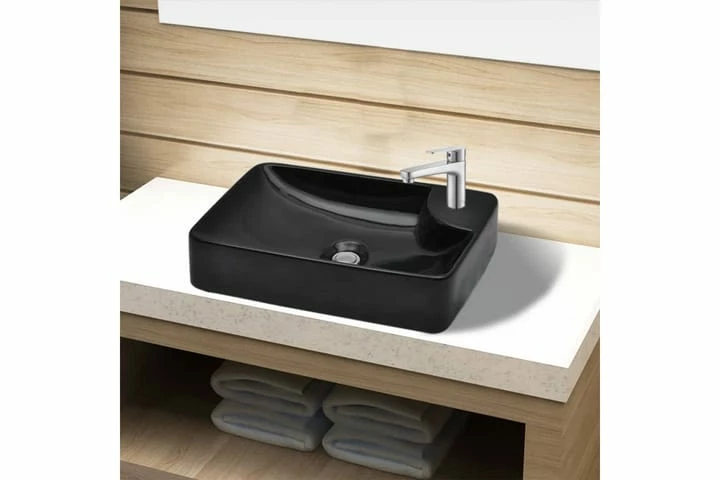 Håndvask I Keramik Til Badeværelse, Hul Til Vandhane, Sort 5 Håndvask I Keramik Til Badeværelse, Hul Til Vandhane, Sort - Billede 3